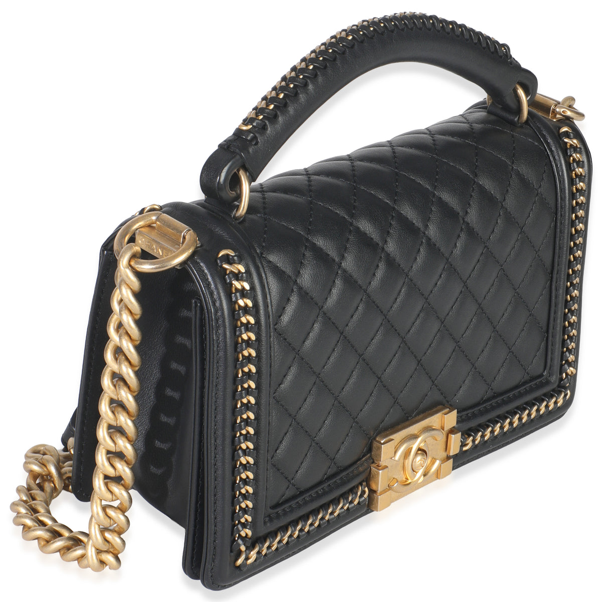 Chanel Black Quilted Calfskin Interwoven Chain Top Handle Boy Bag Handbag pv
