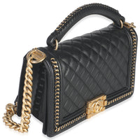 Chanel Black Quilted Calfskin Interwoven Chain Top Handle Boy Bag Handbag pv