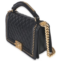 Chanel Black Quilted Calfskin Interwoven Chain Top Handle Boy Bag Handbag sv