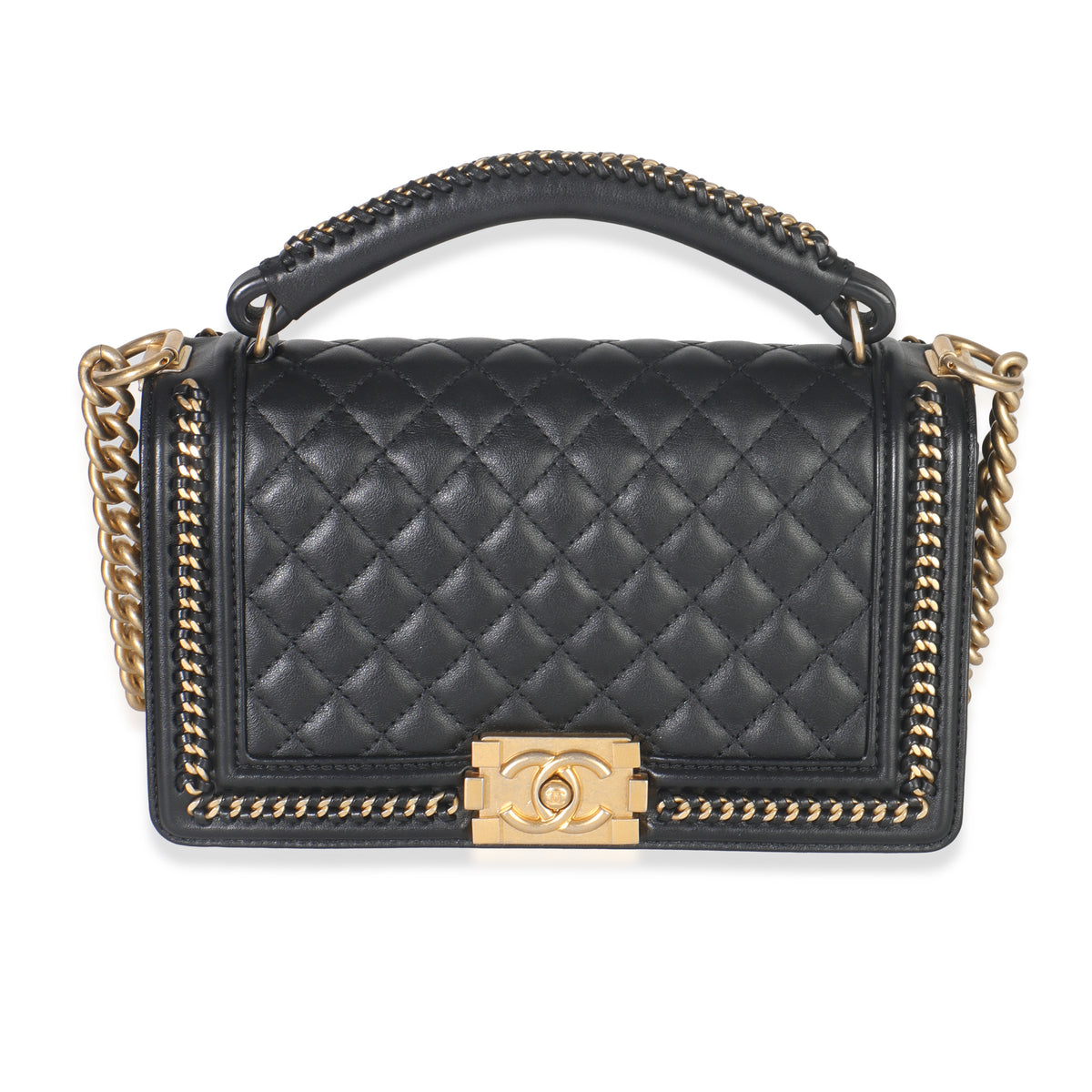 Black Quilted Calfskin Interwoven Chain Top Handle Boy Bag