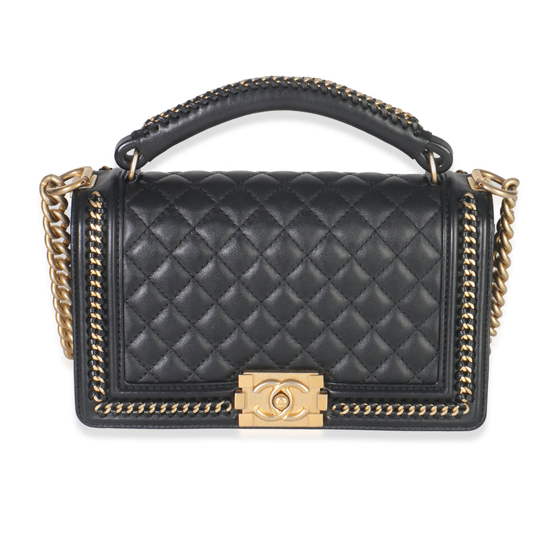 Black Quilted Calfskin Interwoven Chain Top Handle Boy Bag