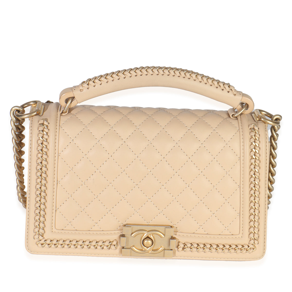Beige Quilted Calfskin Interwoven Chain Top Handle Boy Bag