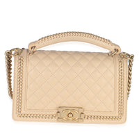 Beige Quilted Calfskin Interwoven Chain Top Handle Boy Bag
