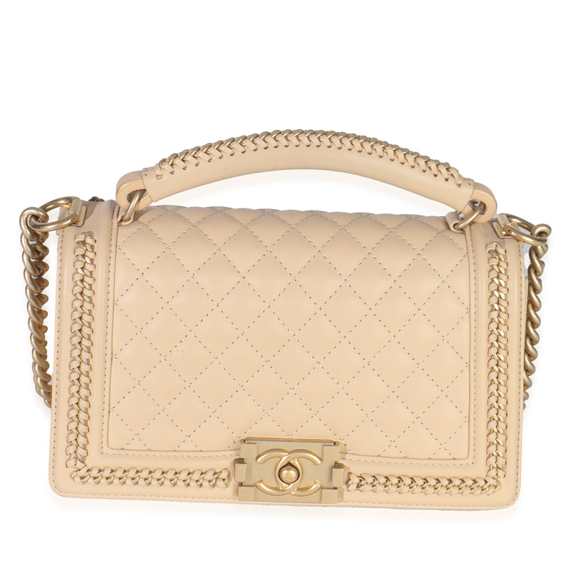 Beige Quilted Calfskin Interwoven Chain Top Handle Boy Bag