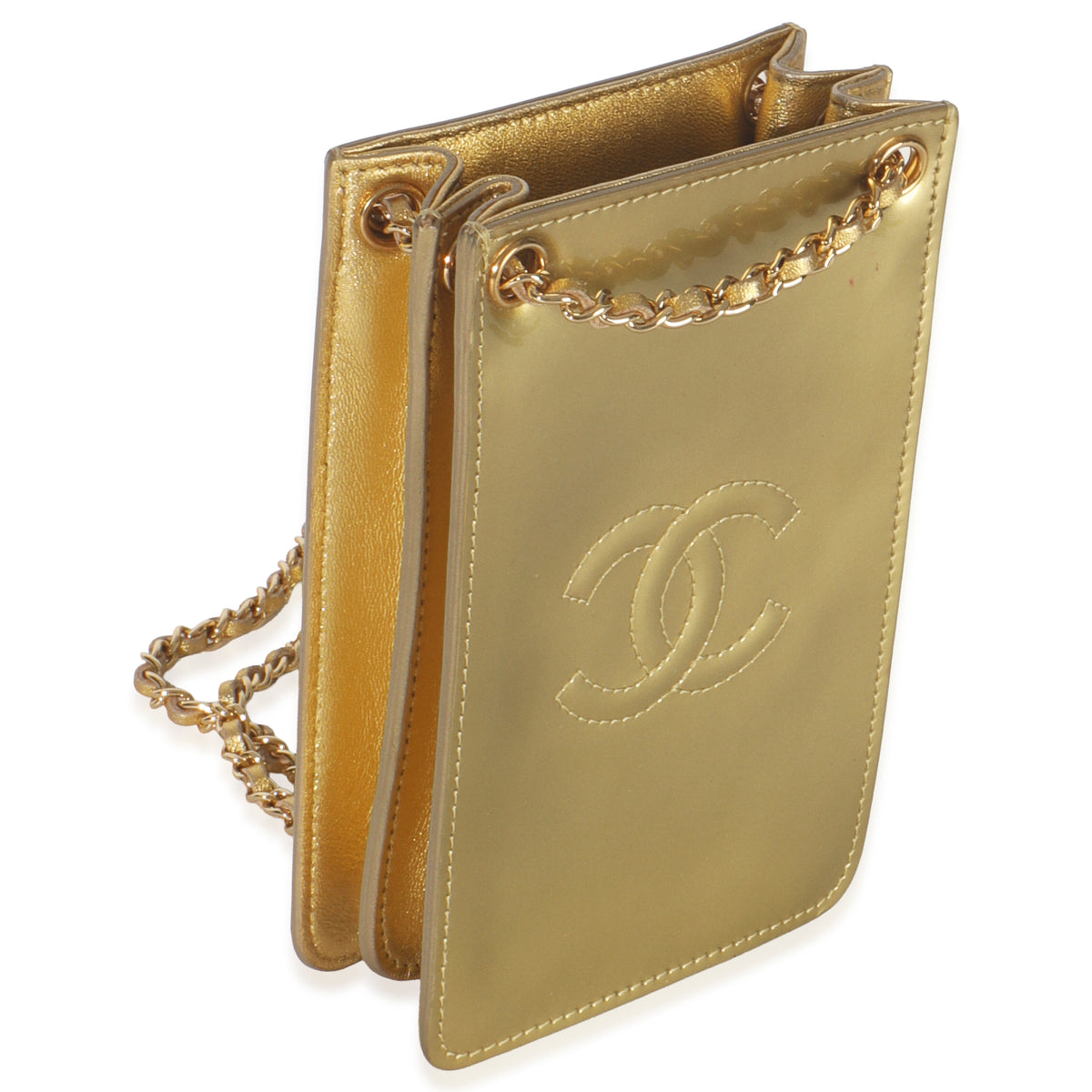 Chanel Gold Patent CC Phone Holder Crossbody Handbag pv