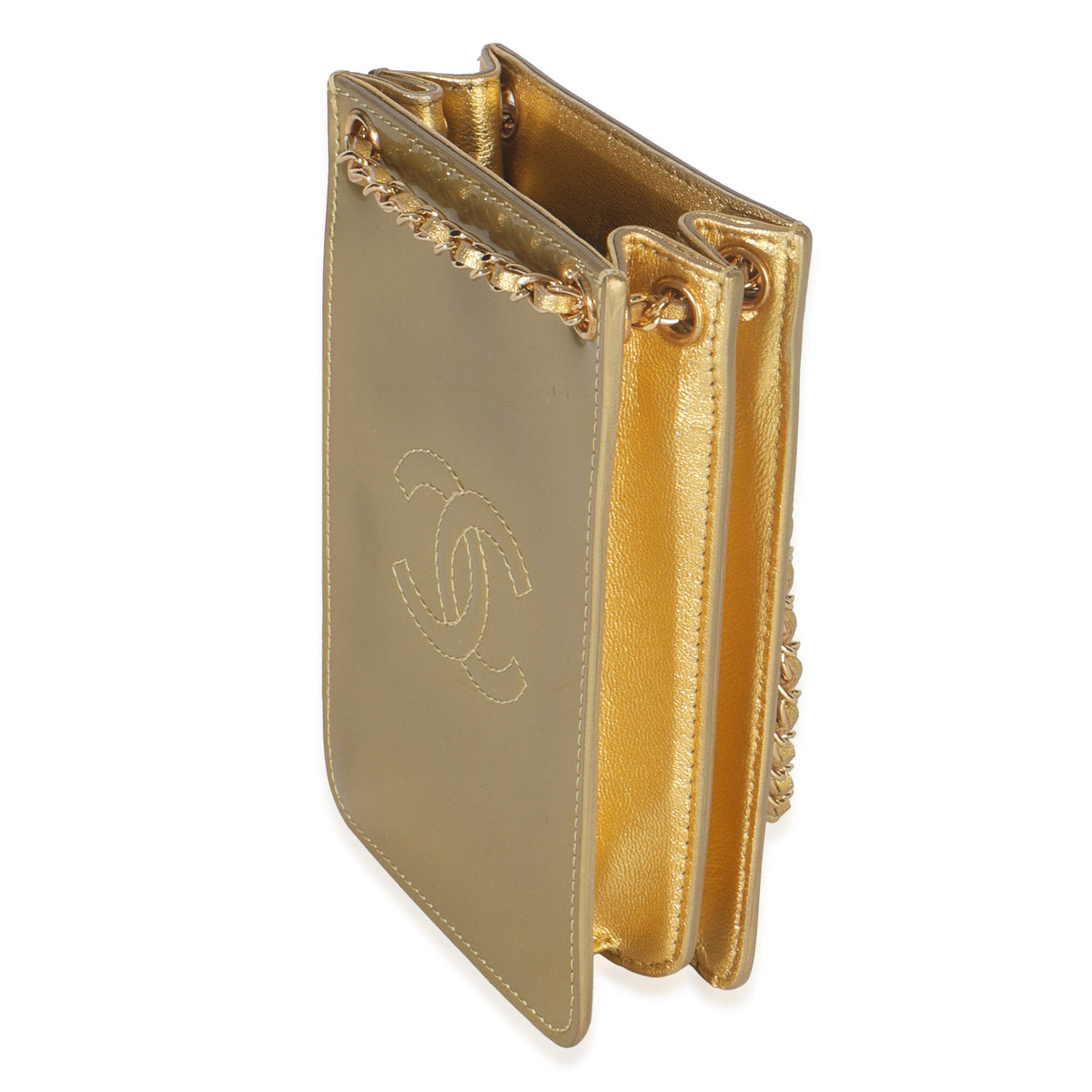 Chanel Gold Patent CC Phone Holder Crossbody Handbag sv