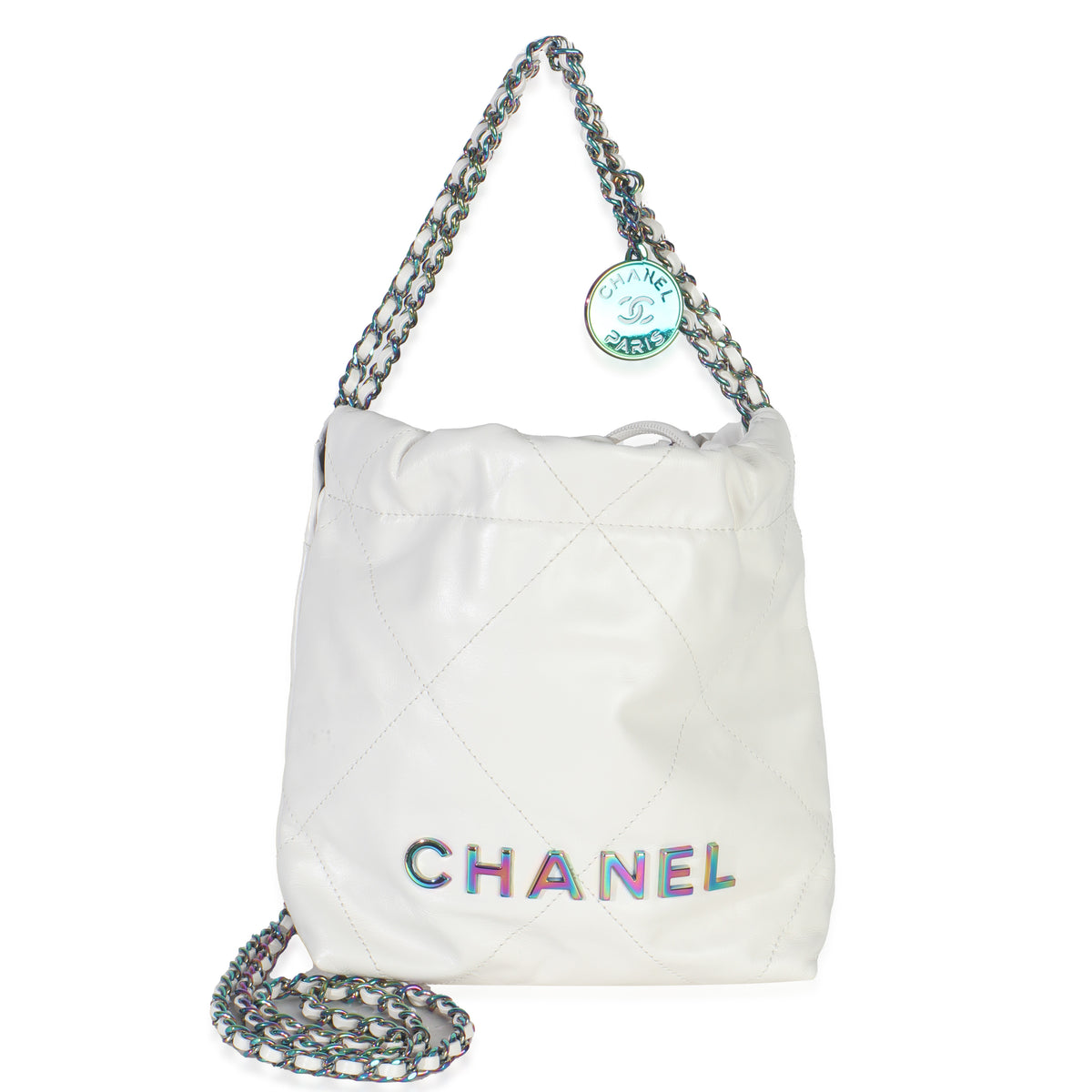 White Shiny Quilted Calfskin Rainbow Mini Chanel 22 Hobo