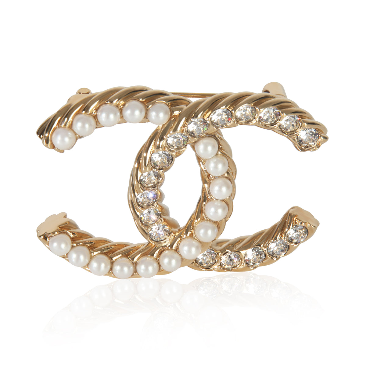 Gold-Plated  2023 Strass & Faux Pearl Brooch