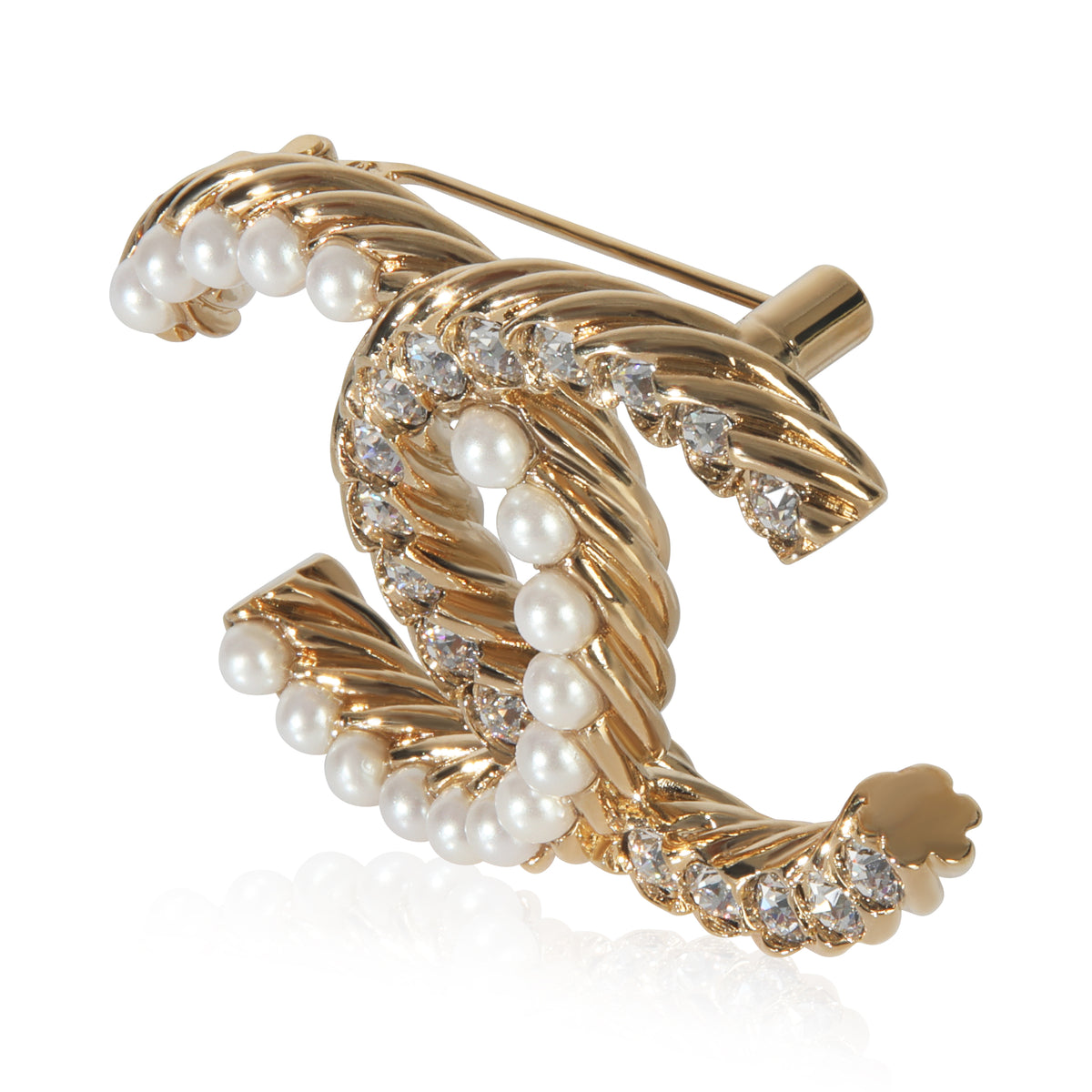 Gold-Plated  2023 Strass & Faux Pearl Brooch