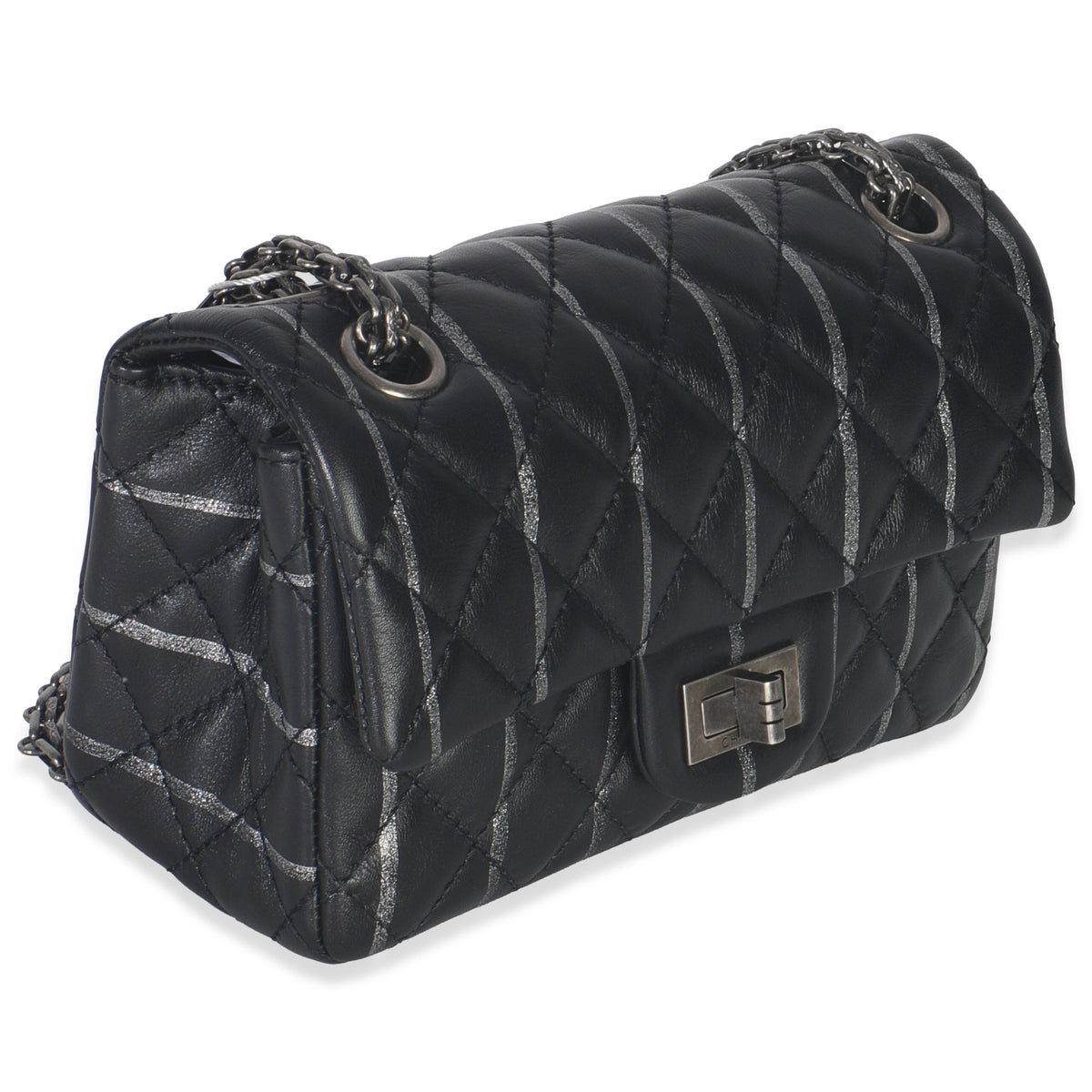 Black Quilted Aged Calfskin Glitter Stripe Mini Reissue 2.55 Flap Bag