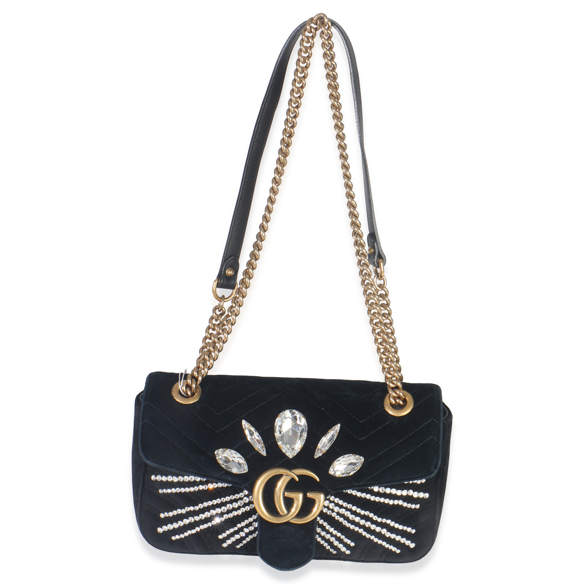 Gucci Black Velvet Crystal Embellished Medium GG Marmont Shoulder Bag Handbag av