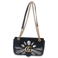 Gucci Black Velvet Crystal Embellished Medium GG Marmont Shoulder Bag Handbag av
