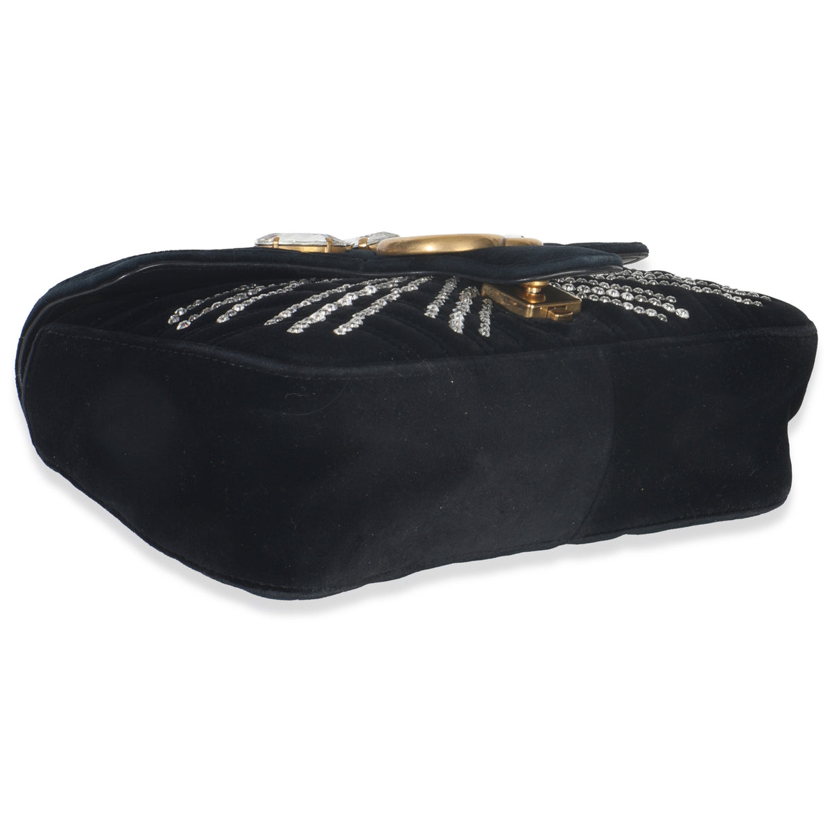 Gucci Black Velvet Crystal Embellished Medium GG Marmont Shoulder Bag Handbag clasp
