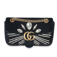 Gucci Black Velvet Crystal Embellished Medium GG Marmont Shoulder Bag Handbag fv
