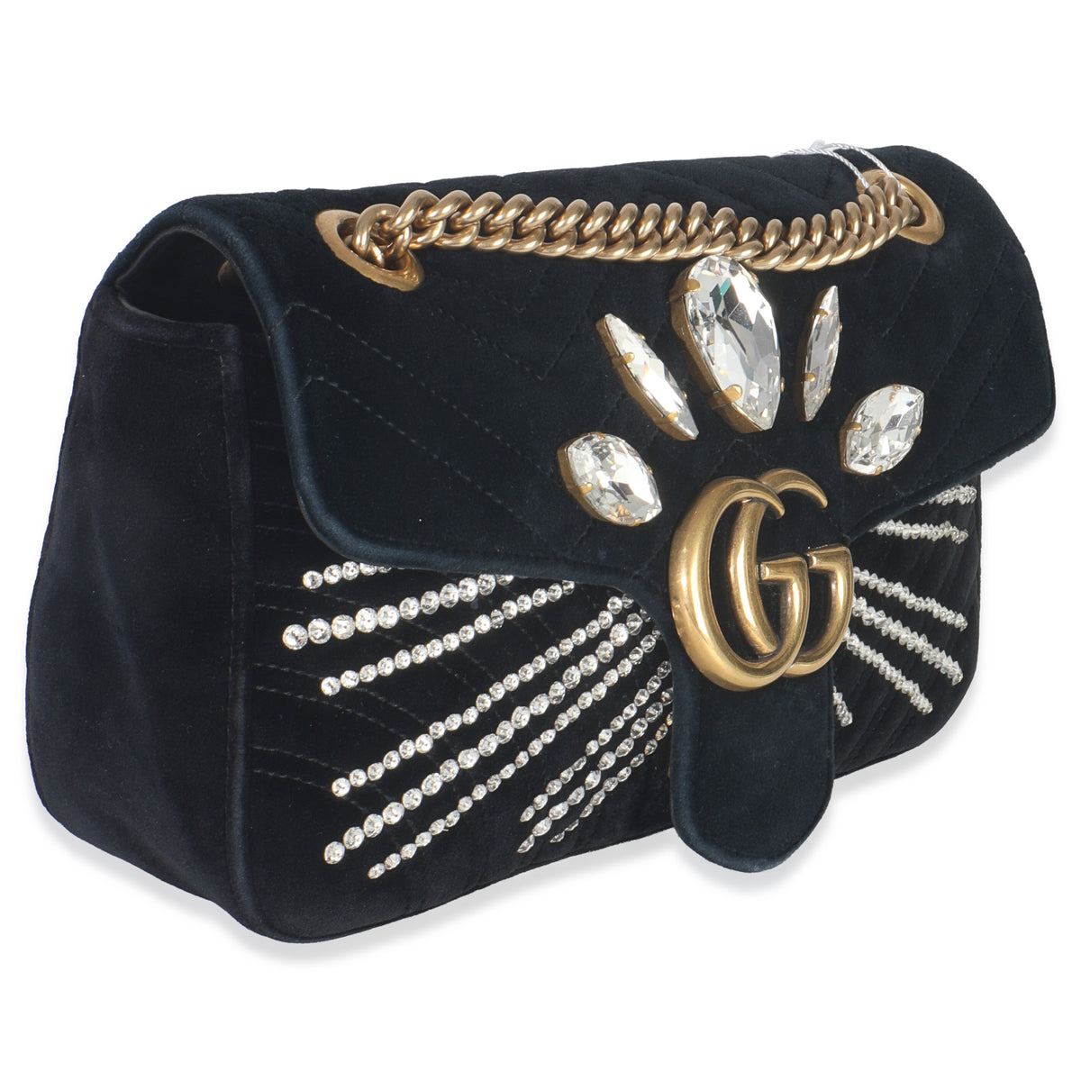 Gucci Black Velvet Crystal Embellished Medium GG Marmont Shoulder Bag Handbag pv