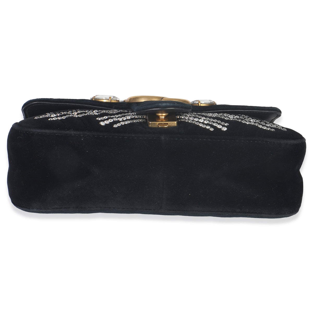 Gucci Black Velvet Crystal Embellished Medium GG Marmont Shoulder Bag Handbag stamp