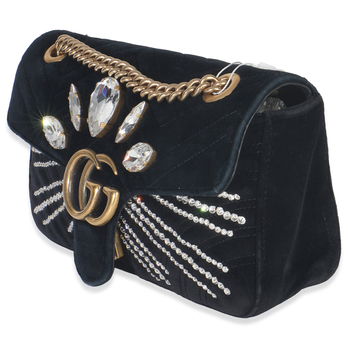 Gucci Black Velvet Crystal Embellished Medium GG Marmont Shoulder Bag Handbag sv
