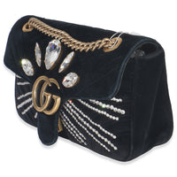 Gucci Black Velvet Crystal Embellished Medium GG Marmont Shoulder Bag Handbag sv