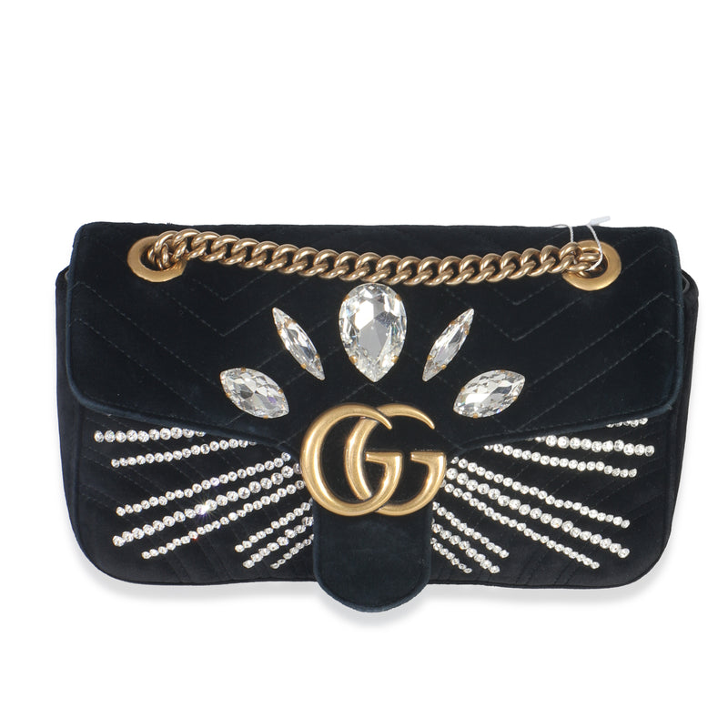 Black Velvet Crystal Embellished Medium GG Marmont Shoulder Bag