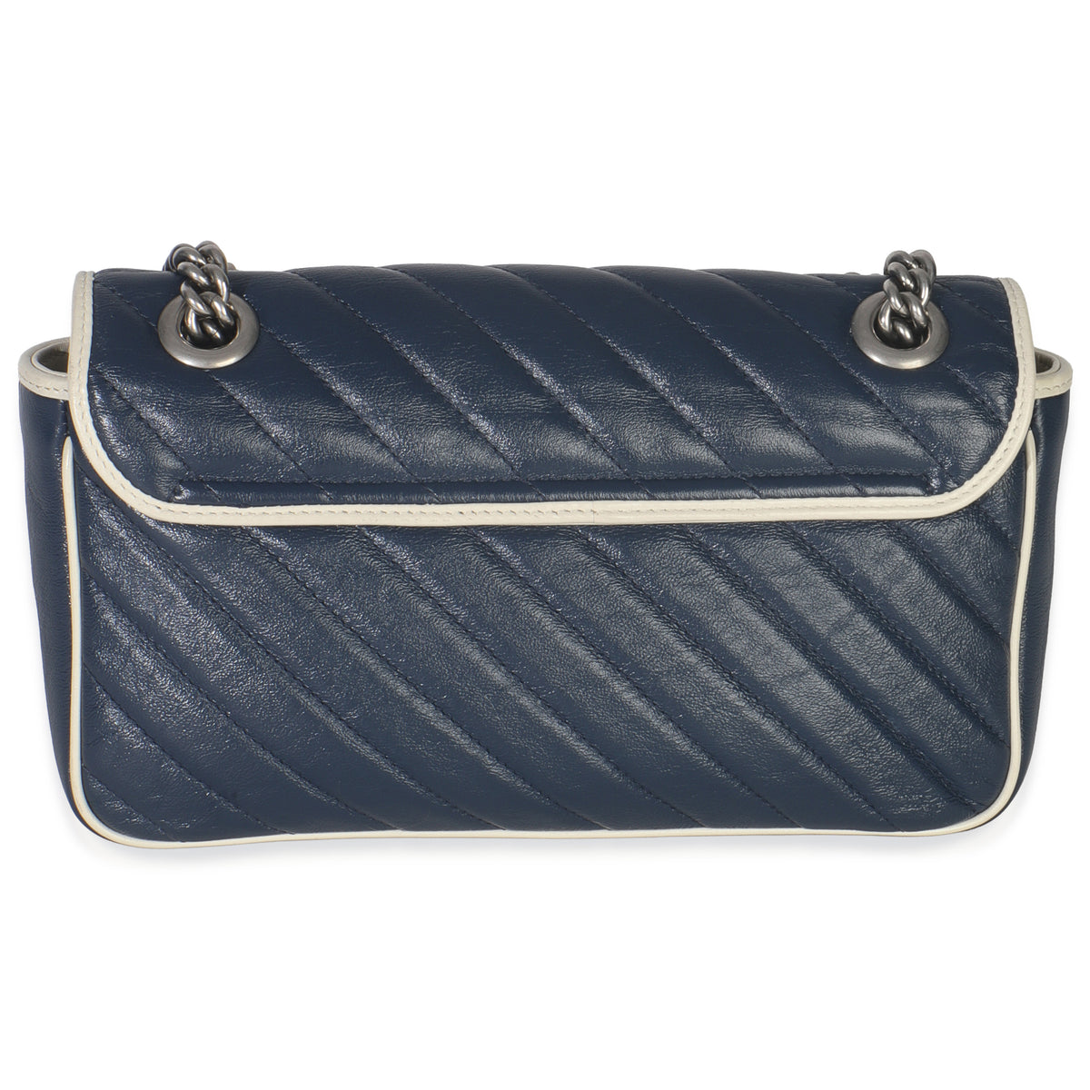 Gucci Navy White Calfskin Matelasse Diagonal Torchon Medium GG Marmont Bag Handbag bv
