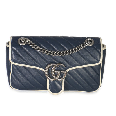 Gucci Navy White Calfskin Matelasse Diagonal Torchon Medium GG Marmont Bag Handbag fv