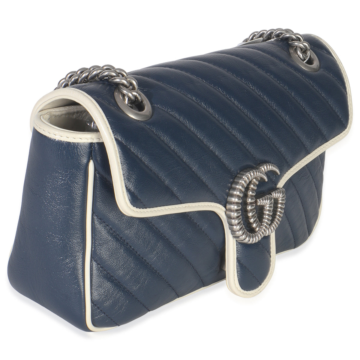 Gucci Navy White Calfskin Matelasse Diagonal Torchon Medium GG Marmont Bag Handbag pv