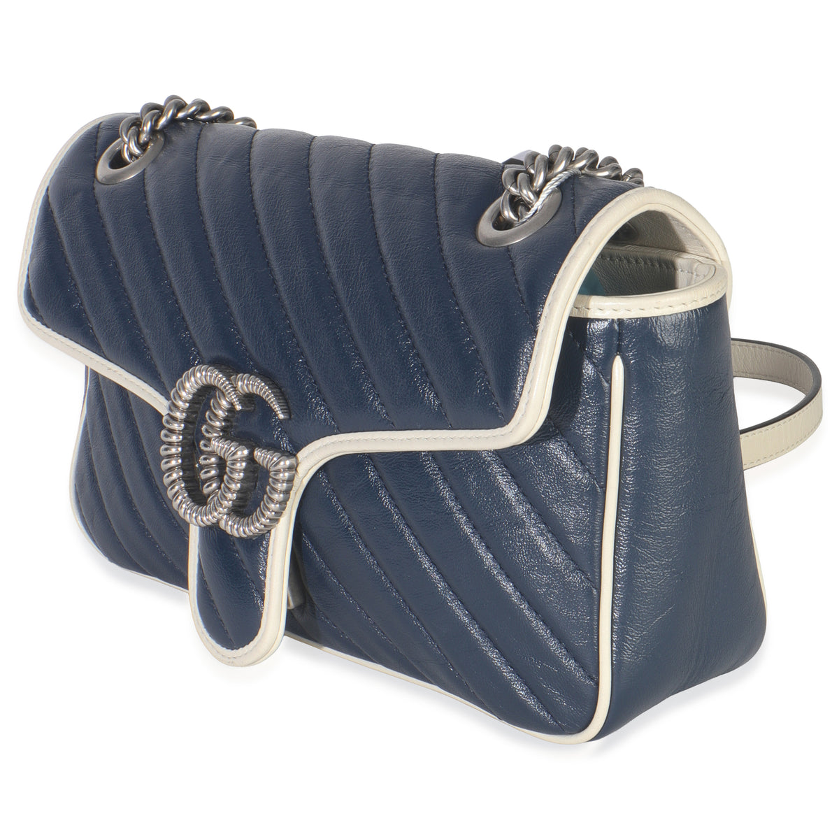 Gucci Navy White Calfskin Matelasse Diagonal Torchon Medium GG Marmont Bag Handbag sv