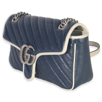 Gucci Navy White Calfskin Matelasse Diagonal Torchon Medium GG Marmont Bag Handbag sv