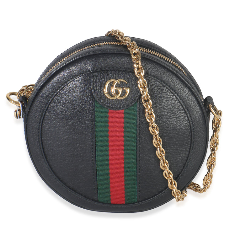 Black Grained Calfskin Web Mini Ophidia Round Shoulder Bag
