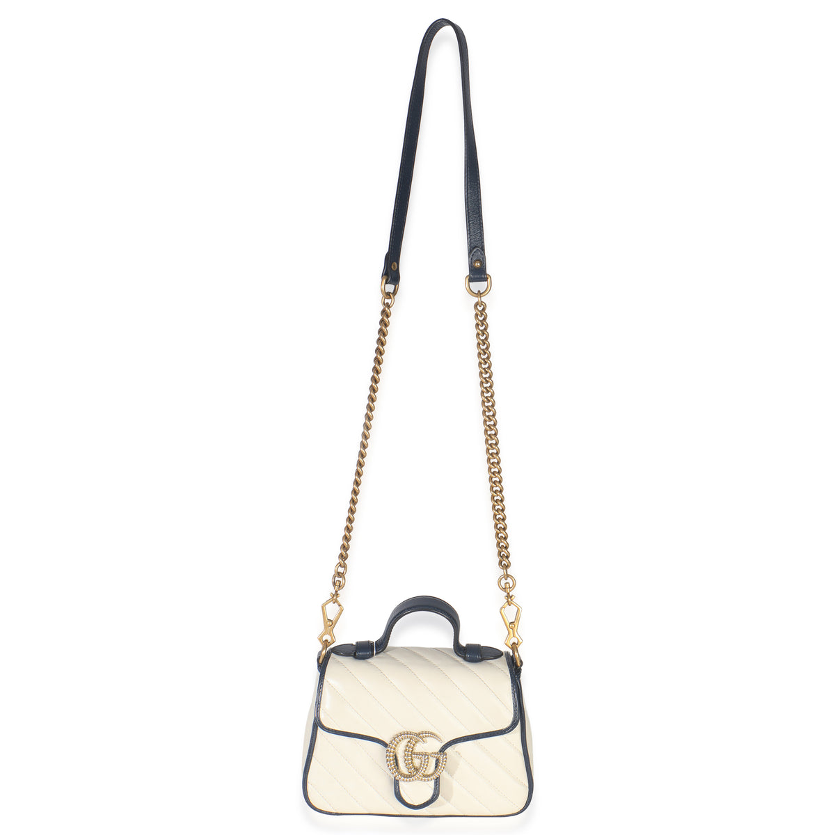 Gucci Navy White Calfskin Matelasse Diagonal Torchon Mini GG Marmont Top Handle Handbag av