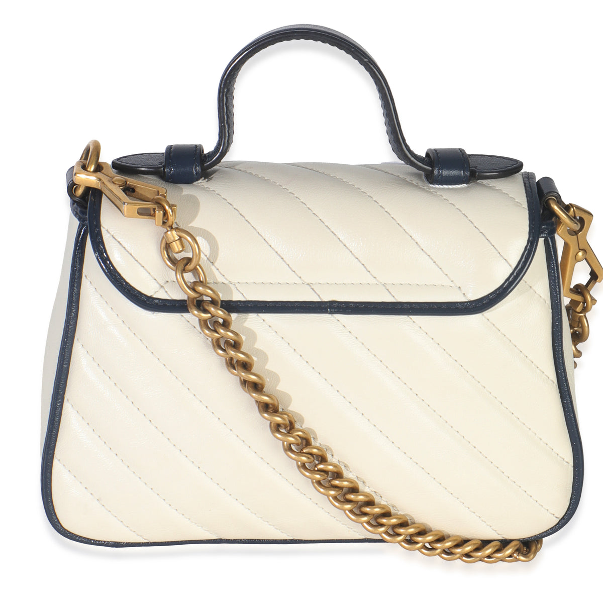 Gucci Navy White Calfskin Matelasse Diagonal Torchon Mini GG Marmont Top Handle Handbag bv