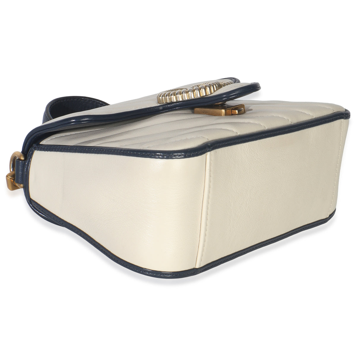 Gucci Navy White Calfskin Matelasse Diagonal Torchon Mini GG Marmont Top Handle Handbag clasp