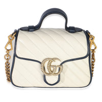 Gucci Navy White Calfskin Matelasse Diagonal Torchon Mini GG Marmont Top Handle Handbag fv