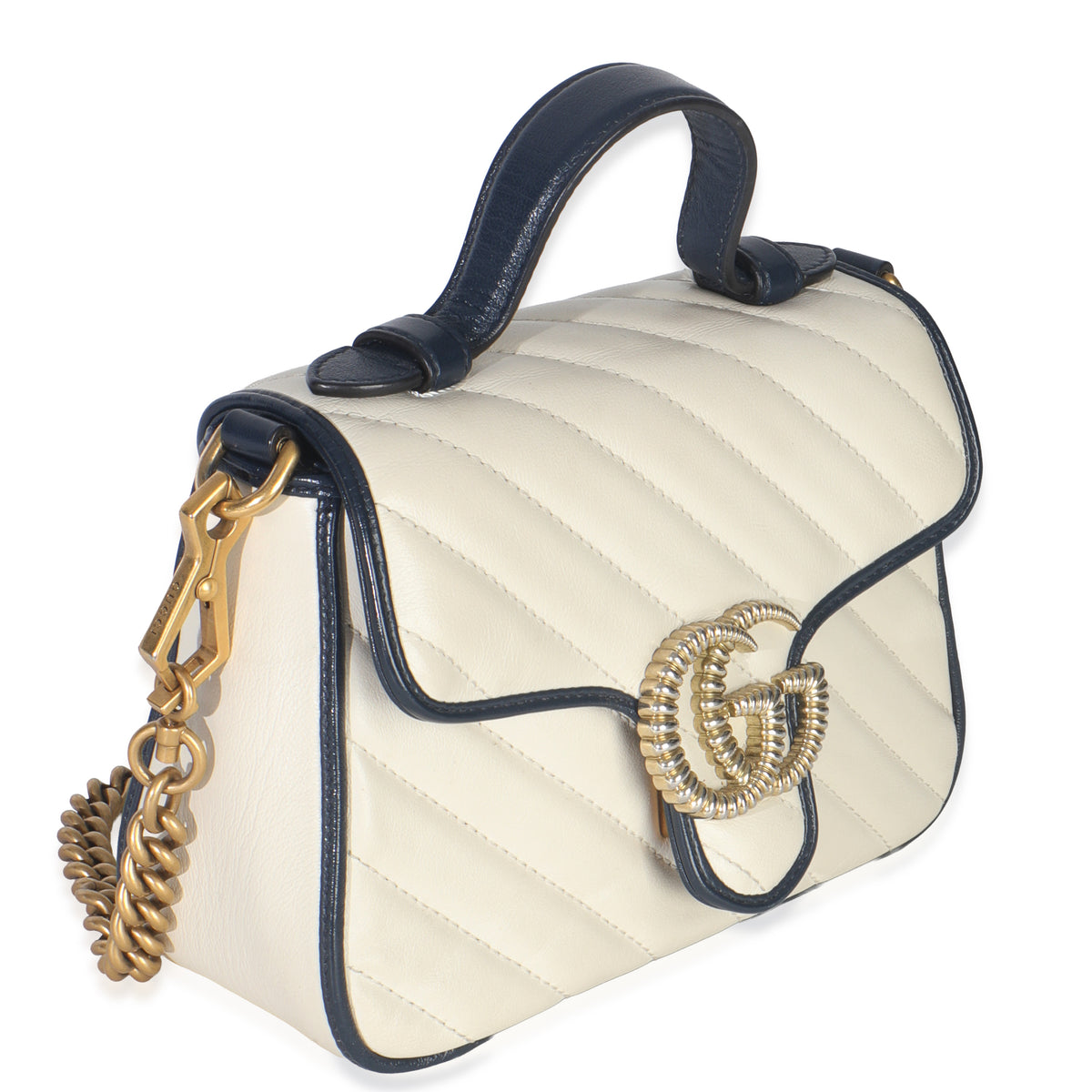 Gucci Navy White Calfskin Matelasse Diagonal Torchon Mini GG Marmont Top Handle Handbag pv