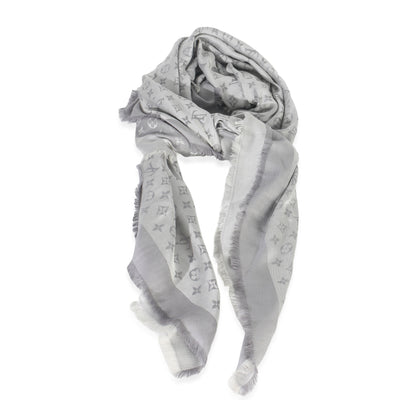 Pearl Grey Silk Wool Monogram Denim Shawl