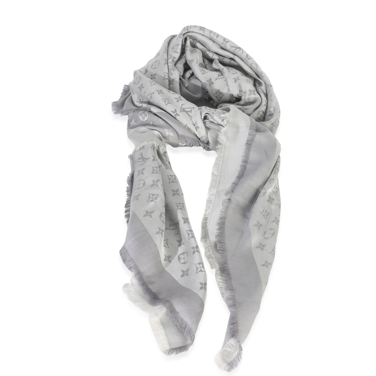 Pearl Grey Silk Wool Monogram Denim Shawl