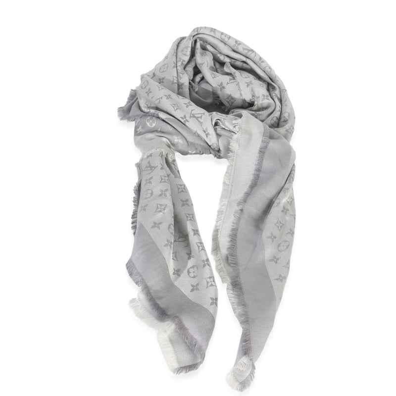 Pearl Grey Silk Wool Monogram Denim Shawl