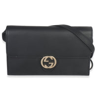 Gucci Black Smooth Calfskin Interlocking G Wallet On Strap Handbag fv