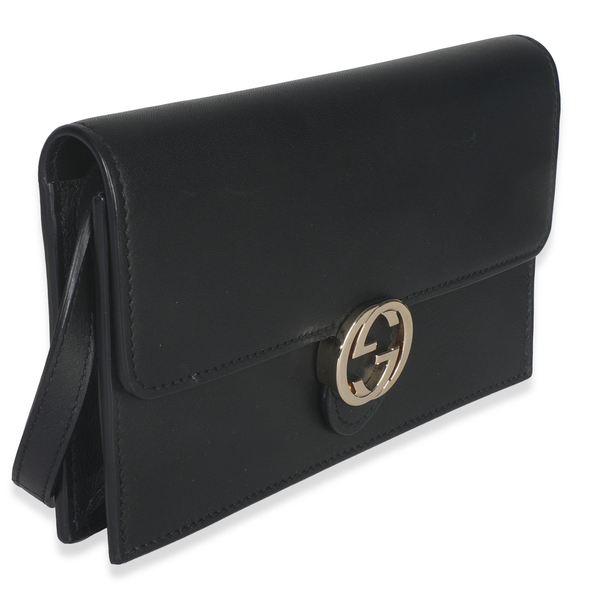 Gucci Black Smooth Calfskin Interlocking G Wallet On Strap Handbag pv