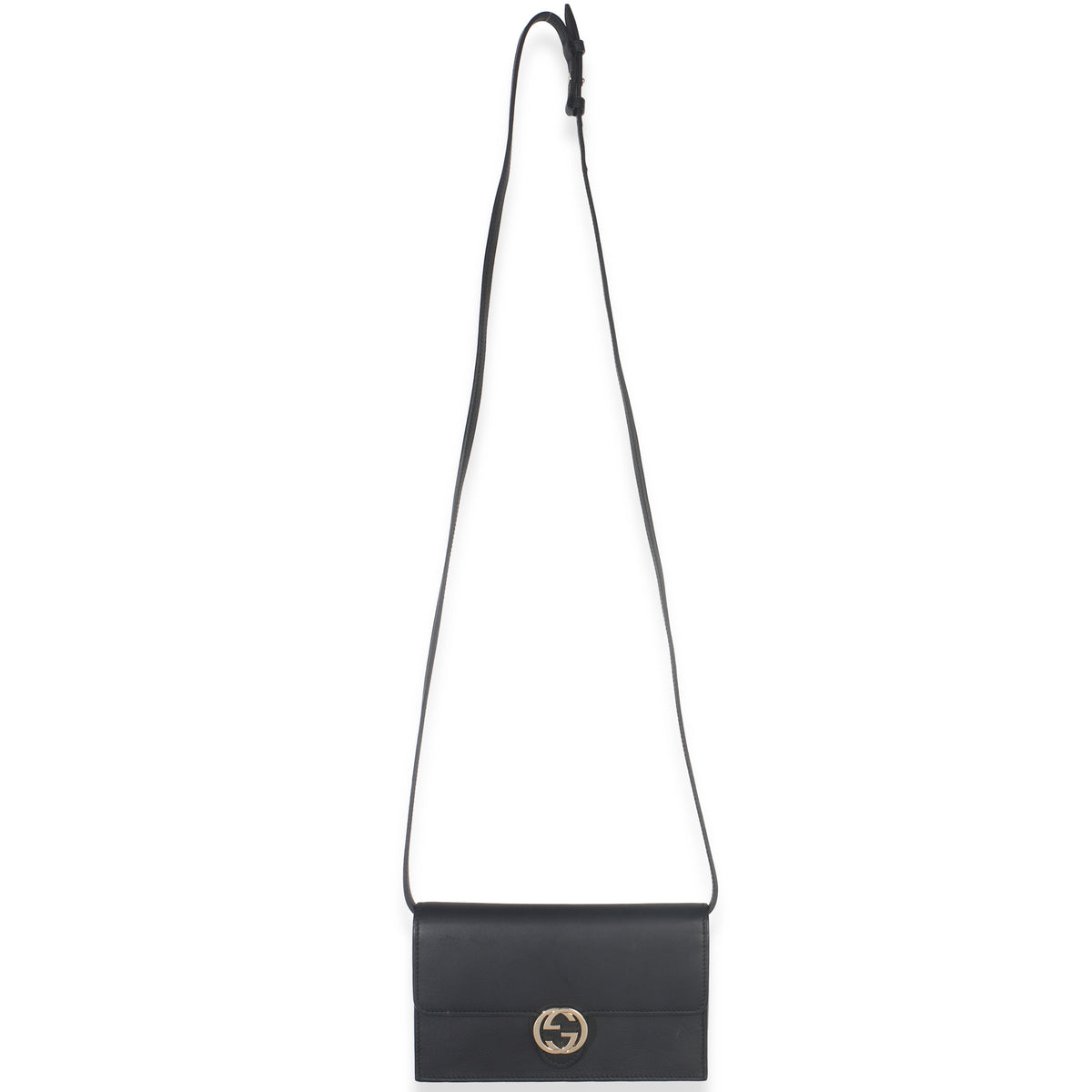 Gucci Black Smooth Calfskin Interlocking G Wallet On Strap Handbag stamp
