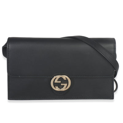 Black Smooth Calfskin Interlocking G Wallet On Strap