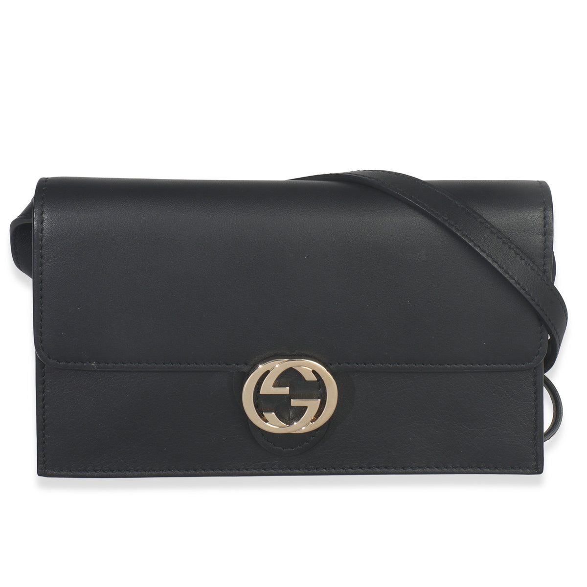 Black Smooth Calfskin Interlocking G Wallet On Strap