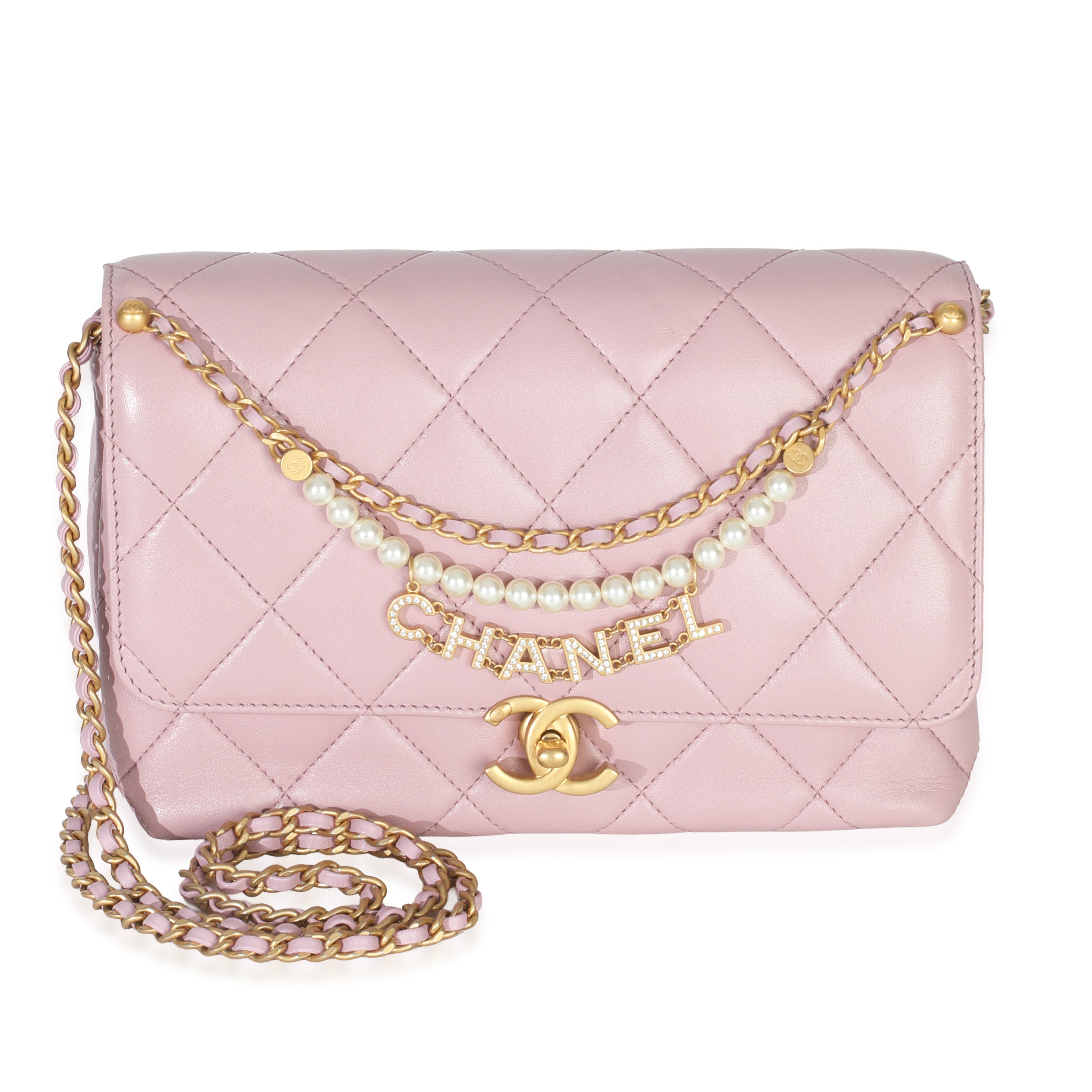 Chanel Pink Shiny Quilted Calfskin Mini Pearl Logo Flap Bag