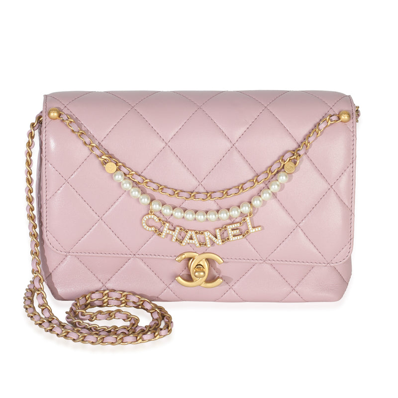 Pink Shiny Quilted Calfskin Mini Pearl Logo Flap Bag