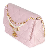 Pink Shiny Quilted Calfskin Mini Pearl Logo Flap Bag