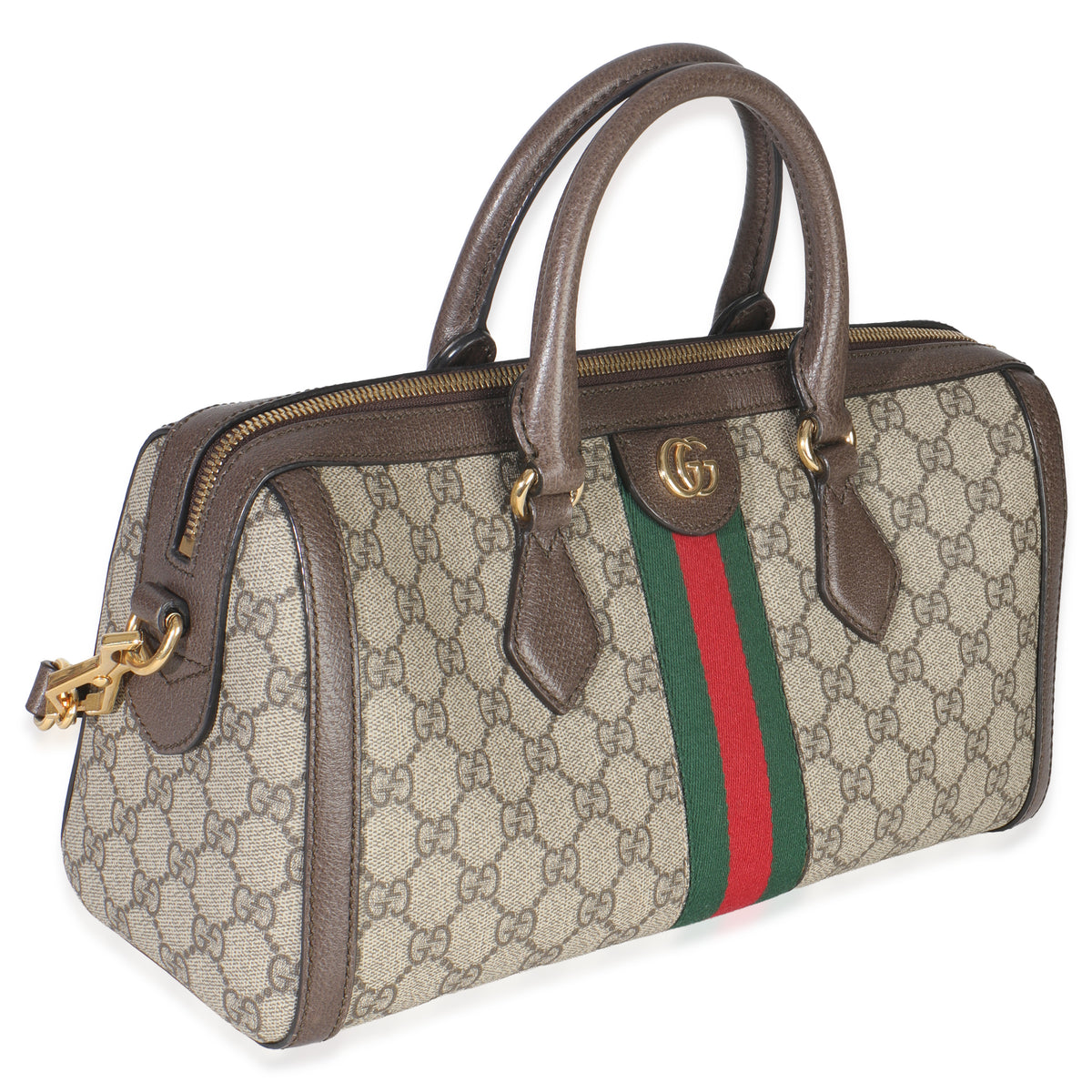 Beige GG Monogram Canvas Web Medium Ophidia Boston Bag