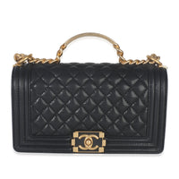 Black Quilted Caviar Top Handle Boy With Chain