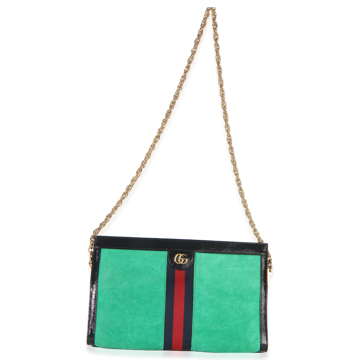 Green Suede Patent Web Medium Ophidia Chain Shoulder Bag