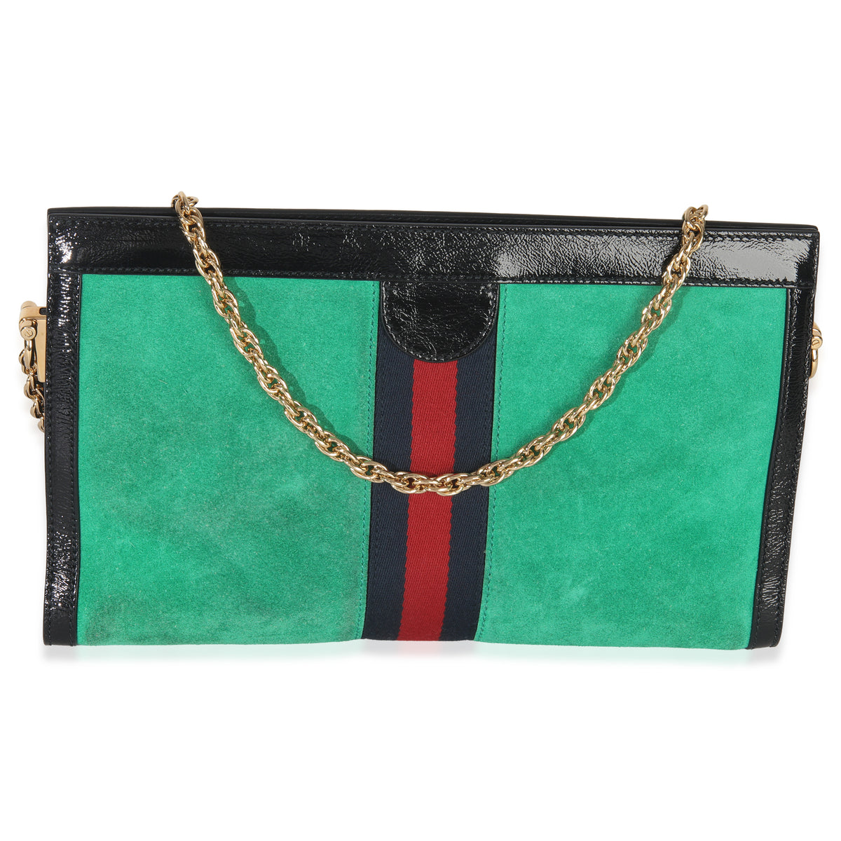 Green Suede Patent Web Medium Ophidia Chain Shoulder Bag