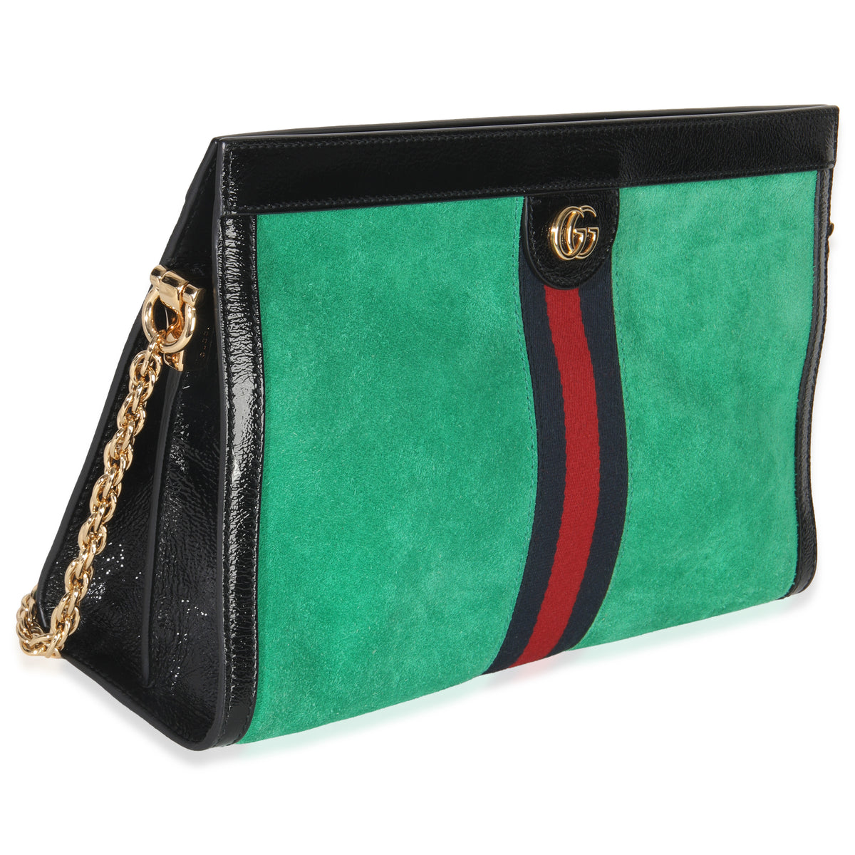 Green Suede Patent Web Medium Ophidia Chain Shoulder Bag